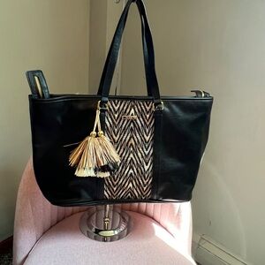 IMAN Black and Cream Tote with Chevron Accent